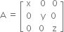 straight A space equals space open square brackets table row straight x cell space space 0 end cell cell space 0 end cell row 0 cell space space straight y end cell 0 row 0 cell space 0 end cell cell space straight z end cell end table close square brackets