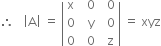 therefore space space space open vertical bar straight A close vertical bar space equals space open vertical bar table row straight x cell space space 0 end cell cell space space 0 end cell row 0 cell space space straight y end cell cell space space 0 end cell row 0 cell space space 0 end cell cell space space straight z end cell end table close vertical bar space equals space xyz