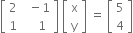 open square brackets table row 2 cell space space minus 1 end cell row 1 cell space space space space 1 end cell end table close square brackets space open square brackets table row straight x row straight y end table close square brackets space equals space open square brackets table row 5 row 4 end table close square brackets