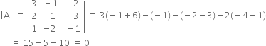 open vertical bar straight A close vertical bar space equals space open vertical bar table row 3 cell space minus 1 end cell cell space space space space 2 end cell row 2 cell space space space 1 end cell cell space space space space space 3 space end cell row 1 cell negative 2 end cell cell space minus 1 end cell end table close vertical bar space equals space 3 left parenthesis negative 1 plus 6 right parenthesis minus left parenthesis negative 1 right parenthesis minus left parenthesis negative 2 minus 3 right parenthesis plus 2 left parenthesis negative 4 minus 1 right parenthesis
space space space space space equals space 15 minus 5 minus 10 space equals space 0
