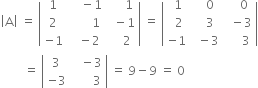 open vertical bar straight A close vertical bar space equals space open vertical bar table row 1 cell space space space space minus 1 end cell cell space space space space space 1 end cell row 2 cell space space space space space space space 1 end cell cell space space minus 1 end cell row cell negative 1 end cell cell space space space minus 2 end cell cell space space space space 2 end cell end table close vertical bar space equals space open vertical bar table row cell space 1 end cell cell space space space 0 end cell cell space space space space 0 end cell row cell space space 2 end cell cell space space space 3 end cell cell space space minus 3 end cell row cell negative 1 end cell cell space space minus 3 end cell cell space space space space space 3 end cell end table close vertical bar
space space space space space space space space equals space open vertical bar table row 3 cell space space space minus 3 end cell row cell negative 3 end cell cell space space space space space space space 3 end cell end table close vertical bar space equals space 9 minus 9 space equals space 0