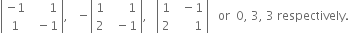 open vertical bar table row cell negative 1 end cell cell space space space space space space 1 end cell row 1 cell space space minus 1 end cell end table close vertical bar comma space space space minus open vertical bar table row 1 cell space space space space space space 1 end cell row 2 cell space space minus 1 end cell end table close vertical bar comma space space space open vertical bar table row 1 cell space space minus 1 end cell row 2 cell space space space space space space 1 end cell end table close vertical bar space space space or space space 0 comma space 3 comma space 3 space respectively.