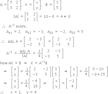 straight A space equals open square brackets table row 5 cell space space 2 end cell row 3 cell space space 2 end cell end table close square brackets comma space space space straight X space equals space open square brackets table row straight x row straight y end table close square brackets comma space space space space straight B space equals space open square brackets table row 3 row 5 end table close square brackets
space space space space space space space space space space space space space space space open vertical bar straight A close vertical bar space equals space open vertical bar table row 5 cell space space space 2 end cell row 3 cell space space space 2 end cell end table close vertical bar space equals space 10 minus 6 space equals space 4 not equal to space 0
space space therefore space space space straight A to the power of negative 1 end exponent space exists.
space space space space space space space straight A subscript 11 space equals space 2 comma space space space space straight A subscript 12 space equals space minus 3 comma space space space straight A subscript 21 space equals space minus 2 comma space space space straight A subscript 22 space equals space 5
space therefore space space space adj. space straight A space equals space open square brackets table row cell space space 2 end cell cell space space minus 3 end cell row cell negative 2 end cell cell space space space space 5 end cell end table close square brackets to the power of apostrophe space space equals space open square brackets table row cell space space 2 end cell cell space space space minus 2 end cell row cell negative 3 end cell cell space space space space 5 end cell end table close square brackets
space space space space space space space straight A to the power of negative 1 end exponent space equals space fraction numerator adj. space straight A over denominator open vertical bar straight A close vertical bar end fraction space equals space 1 fourth open square brackets table row cell space space space 2 end cell cell space space space minus 2 end cell row cell negative 3 end cell cell space space space space 5 end cell end table close square brackets
Now space AX space equals space straight B space space rightwards double arrow space space space straight X space equals space straight A to the power of negative 1 end exponent straight B
space space space rightwards double arrow space space space space open square brackets table row straight x row straight y end table close square brackets space equals space 1 fourth open square brackets table row 2 cell space space space minus 2 end cell row cell negative 3 end cell cell space space space space space 5 end cell end table close square brackets space open square brackets table row 3 row 5 end table close square brackets space space space space rightwards double arrow space space open square brackets table row straight x row straight y end table close square brackets space equals space 1 fourth open square brackets table row cell 6 minus 10 end cell row cell negative 9 plus 25 end cell end table close square brackets
space space space rightwards double arrow space space space space open square brackets table row straight x row straight y end table close square brackets space equals 1 fourth open square brackets table row cell negative 4 end cell row cell space space 16 end cell end table close square brackets space space rightwards double arrow space space space space space space open square brackets table row straight x row straight y end table close square brackets space equals space open square brackets table row cell negative 1 end cell row cell space space 4 end cell end table close square brackets
therefore space space space space space space space straight x space equals space 1 comma space space space space space straight y space equals space 4