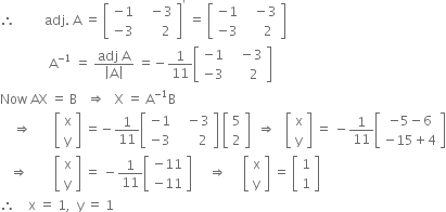 therefore space space space space space space space space space adj. space straight A space equals space open square brackets table row cell negative 1 end cell cell space space space minus 3 end cell row cell negative 3 end cell cell space space space space space space 2 end cell end table close square brackets to the power of apostrophe space equals space open square brackets table row cell negative 1 end cell cell space space space minus 3 end cell row cell negative 3 end cell cell space space space space space 2 end cell end table close square brackets
space space space space space space space space space space space space space space space straight A to the power of negative 1 end exponent space equals space fraction numerator adj space straight A over denominator open vertical bar straight A close vertical bar end fraction space equals negative 1 over 11 open square brackets table row cell negative 1 end cell cell space space space minus 3 end cell row cell negative 3 end cell cell space space space space space 2 end cell end table close square brackets
Now space AX space equals space straight B space space space rightwards double arrow space space space straight X space equals space straight A to the power of negative 1 end exponent straight B
space space space space rightwards double arrow space space space space space space space open square brackets table row straight x row straight y end table close square brackets space equals negative 1 over 11 open square brackets table row cell negative 1 end cell cell space space space minus 3 end cell row cell negative 3 end cell cell space space space space space space 2 end cell end table close square brackets space open square brackets table row 5 row 2 end table close square brackets space space rightwards double arrow space space space open square brackets table row straight x row straight y end table close square brackets space equals space minus 1 over 11 open square brackets table row cell negative 5 minus 6 end cell row cell negative 15 plus 4 end cell end table close square brackets
space space space rightwards double arrow space space space space space space space space open square brackets table row straight x row straight y end table close square brackets space equals space minus 1 over 11 open square brackets table row cell negative 11 end cell row cell negative 11 end cell end table close square brackets space space space space space rightwards double arrow space space space space space open square brackets table row straight x row straight y end table close square brackets space equals space open square brackets table row 1 row 1 end table close square brackets
therefore space space space space straight x space equals space 1 comma space space straight y space equals space 1