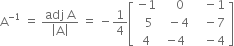 straight A to the power of negative 1 end exponent space equals space fraction numerator adj space straight A over denominator open vertical bar straight A close vertical bar end fraction space equals space minus 1 fourth open square brackets table row cell negative 1 end cell cell space space space 0 end cell cell space space space minus 1 end cell row cell space space 5 end cell cell space space minus 4 end cell cell space space space minus 7 end cell row 4 cell negative 4 end cell cell space space space minus 4 end cell end table close square brackets