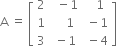 straight A space equals space open square brackets table row 2 cell space space minus 1 end cell cell space space space 1 end cell row 1 cell space space space space 1 end cell cell space minus 1 end cell row 3 cell space minus 1 end cell cell space minus 4 end cell end table close square brackets