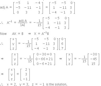 adj space straight A space equals space open square brackets table row cell negative 5 end cell cell space space space 1 end cell cell space space minus 4 end cell row cell negative 5 end cell cell space space minus 11 end cell cell space space space minus 1 end cell row 0 3 cell space space space space space space 3 end cell end table close square brackets to the power of apostrophe space equals space open square brackets table row cell negative 5 end cell cell space space space minus 5 end cell cell space space space 0 end cell row 1 cell space minus 11 end cell cell space space 3 end cell row cell negative 4 end cell cell space minus 1 end cell cell space space 3 end cell end table close square brackets
therefore space space space space straight A to the power of negative 1 end exponent space equals space fraction numerator adj space straight A over denominator open vertical bar straight A close vertical bar end fraction space equals space minus 1 over 15 open square brackets table row cell negative 5 end cell cell space space minus 5 end cell cell space space space 0 end cell row cell space space 1 end cell cell space space minus 11 end cell cell space space 3 end cell row cell negative 4 end cell cell space space minus 1 end cell cell space space 3 end cell end table close square brackets
Now space space space space space space space AX space equals space straight B space space space space space rightwards double arrow space space space straight X space equals space straight A to the power of negative 1 end exponent straight B
therefore space space space space space space space space open square brackets table row straight x row straight y row straight z end table close square brackets space equals space minus 1 over 15 open square brackets table row cell negative 5 end cell cell space space space minus 5 end cell cell space space space 0 end cell row 1 cell space space minus 11 end cell cell space space 3 end cell row cell negative 4 end cell cell space minus 1 end cell cell space 3 end cell end table close square brackets space open square brackets table row 0 row 6 row 7 end table close square brackets
rightwards double arrow space space space space space space space space space open square brackets table row straight x row straight y row straight z end table close square brackets space equals space minus 1 over 15 open square brackets table row cell 0 minus 30 plus 0 end cell row cell 0 minus 66 plus 21 end cell row cell 0 minus 6 plus 21 end cell end table close square brackets space space space space rightwards double arrow space space space space open square brackets table row straight x row straight y row straight z end table close square brackets space equals space minus 1 over 15 open square brackets table row cell negative 30 end cell row cell negative 45 end cell row 15 end table close square brackets space space
rightwards double arrow space space space space space open square brackets table row straight x row straight y row straight z end table close square brackets space equals space open square brackets table row cell space space space 2 end cell row cell space space space 3 end cell row cell negative 1 end cell end table close square brackets
therefore space space space space straight x space equals space 2 comma space space space straight y space equals space 3 comma space space space straight z space equals space minus 1 space space is space the space solution.