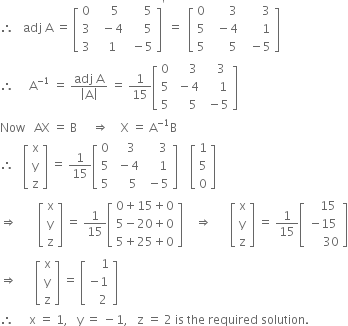 therefore space space space adj space straight A space equals space open square brackets table row 0 cell space space space space 5 end cell cell space space space space space 5 end cell row 3 cell space space minus 4 end cell cell space space space space space 5 end cell row 3 cell space space 1 end cell cell space minus 5 end cell end table close square brackets to the power of apostrophe space equals space space open square brackets table row 0 cell space space space space space space 3 end cell cell space space space space space space 3 end cell row 5 cell space space minus 4 end cell cell space space space space space space 1 end cell row 5 cell space space space space space space 5 end cell cell space space minus 5 end cell end table close square brackets
therefore space space space space space straight A to the power of negative 1 end exponent space equals space fraction numerator adj space straight A over denominator open vertical bar straight A close vertical bar end fraction space equals space 1 over 15 open square brackets table row 0 cell space space space space 3 end cell cell space space space 3 end cell row 5 cell space minus 4 end cell cell space space space space 1 end cell row 5 cell space space space space 5 end cell cell space minus 5 end cell end table close square brackets
Now space space space AX space equals space straight B space space space space space rightwards double arrow space space space space straight X space equals space straight A to the power of negative 1 end exponent straight B
therefore space space space open square brackets table row straight x row straight y row straight z end table close square brackets space equals space 1 over 15 open square brackets table row 0 cell space space space 3 end cell cell space space space space 3 end cell row 5 cell space minus 4 end cell cell space space space space 1 end cell row 5 cell space space space space 5 end cell cell space minus 5 end cell end table close square brackets space space space space open square brackets table row 1 row 5 row 0 end table close square brackets
rightwards double arrow space space space space space space space open square brackets table row straight x row straight y row straight z end table close square brackets space equals space 1 over 15 open square brackets table row cell 0 plus 15 plus 0 end cell row cell 5 minus 20 plus 0 end cell row cell 5 plus 25 plus 0 end cell end table close square brackets space space space space rightwards double arrow space space space space space space open square brackets table row straight x row straight y row straight z end table close square brackets space equals space 1 over 15 open square brackets table row cell space space space 15 end cell row cell negative 15 end cell row cell space space space space space 30 end cell end table close square brackets
rightwards double arrow space space space space space space open square brackets table row straight x row straight y row straight z end table close square brackets space equals space open square brackets table row cell space space space space 1 end cell row cell negative 1 end cell row cell space space space 2 end cell end table close square brackets
therefore space space space space space straight x space equals space 1 comma space space space straight y space equals space minus 1 comma space space space straight z space equals space 2 space is space the space required space solution. space