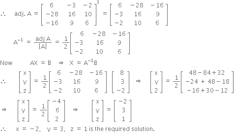 therefore space space space space space adj. space straight A space equals space open square brackets table row 6 cell space space space minus 3 end cell cell space space minus 2 end cell row cell negative 28 end cell cell space space space space 16 end cell cell space space space 10 end cell row cell negative 16 end cell cell space space space space 9 end cell cell space space 6 end cell end table close square brackets to the power of 1 space equals space open square brackets table row cell space space 6 end cell cell space space minus 28 end cell cell space space minus 16 end cell row cell negative 3 end cell cell space space space space 16 end cell cell space space space space 9 end cell row cell negative 2 end cell cell space space space space 10 end cell cell space space space 6 end cell end table close square brackets
space space space space space space space space space straight A to the power of negative 1 end exponent space equals space fraction numerator adj space straight A over denominator open vertical bar straight A close vertical bar end fraction space equals space 1 half open square brackets table row cell space space space space 6 end cell cell space space space minus 28 end cell cell space space minus 16 end cell row cell negative 3 end cell cell space space space space space 16 end cell cell space space space 9 end cell row cell negative 2 end cell cell space space space space 10 end cell cell space space space 6 end cell end table close square brackets
Now space space space space space space space space space space space space AX space equals space straight B space space space space rightwards double arrow space space space straight X space equals space straight A to the power of negative 1 end exponent straight B
therefore space space space space space space space space open square brackets table row straight x row straight y row straight z end table close square brackets space equals space 1 half open square brackets table row cell space space 6 end cell cell space space minus 28 end cell cell space space minus 16 end cell row cell negative 3 end cell cell space space space space 16 end cell cell space space space space 9 end cell row cell negative 2 end cell cell space space space space 10 end cell cell space space space 6 end cell end table close square brackets space space space open square brackets table row cell space space 8 end cell row cell space space space 3 end cell row cell negative 2 end cell end table close square brackets space space space rightwards double arrow space space space space space open square brackets table row straight x row straight y row 2 end table close square brackets space equals space 1 half open square brackets table row cell 48 minus 84 plus 32 end cell row cell negative 24 space plus space 48 minus 18 end cell row cell negative 16 plus 30 minus 12 end cell end table close square brackets
rightwards double arrow space space space space space space open square brackets table row straight x row straight y row straight z end table close square brackets space equals space 1 half open square brackets table row cell negative 4 end cell row cell space space 6 end cell row cell space 2 end cell end table close square brackets space space space space rightwards double arrow space space space space space space space space open square brackets table row straight x row straight y row straight z end table close square brackets space equals space open square brackets table row cell negative 2 end cell row cell space space 3 end cell row cell space 1 end cell end table close square brackets
therefore space space space space space space straight x space equals space minus 2 comma space space space space straight y space equals space 3 comma space space space straight z space equals space 1 space is space the space required space solution. space