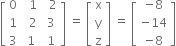 open square brackets table row 0 cell space space 1 end cell cell space space 2 end cell row 1 cell space space 2 end cell cell space 3 end cell row 3 cell space 1 end cell cell space 1 end cell end table close square brackets space equals space open square brackets table row straight x row straight y row straight z end table close square brackets space equals space open square brackets table row cell negative 8 end cell row cell negative 14 end cell row cell negative 8 end cell end table close square brackets