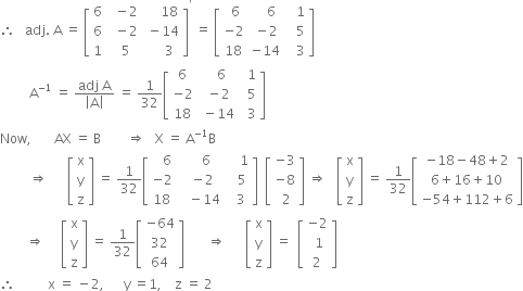 therefore space space space adj. space straight A space equals space open square brackets table row 6 cell space space minus 2 end cell cell space space space space space 18 end cell row 6 cell space space minus 2 end cell cell space minus 14 end cell row 1 cell space space 5 end cell cell space space space space space 3 end cell end table close square brackets to the power of apostrophe space equals space open square brackets table row cell space 6 end cell cell space space space space 6 end cell cell space space space 1 end cell row cell negative 2 end cell cell space minus 2 end cell cell space space space 5 end cell row 18 cell negative 14 end cell cell space space space 3 end cell end table close square brackets
space space space space space space space space space straight A to the power of negative 1 end exponent space equals space fraction numerator adj space straight A over denominator open vertical bar straight A close vertical bar end fraction space equals space 1 over 32 open square brackets table row 6 cell space space space 6 end cell cell space space 1 end cell row cell negative 2 end cell cell space minus 2 end cell cell space space 5 end cell row 18 cell space minus 14 end cell cell space space 3 end cell end table close square brackets
Now comma space space space space space space space AX space equals space straight B space space space space space space space space rightwards double arrow space space space straight X space equals space straight A to the power of negative 1 end exponent straight B
space space space space space space space space space rightwards double arrow space space space space space space open square brackets table row straight x row straight y row straight z end table close square brackets space equals space 1 over 32 open square brackets table row cell space space space 6 end cell cell space space space space 6 end cell cell space space space space 1 end cell row cell negative 2 end cell cell space space minus 2 end cell cell space space space 5 end cell row 18 cell space space space minus 14 end cell cell space space 3 end cell end table close square brackets space space open square brackets table row cell negative 3 end cell row cell negative 8 end cell row cell space 2 end cell end table close square brackets space rightwards double arrow space space space open square brackets table row straight x row straight y row straight z end table close square brackets space equals space 1 over 32 open square brackets table row cell negative 18 minus 48 plus 2 end cell row cell 6 plus 16 plus 10 end cell row cell negative 54 plus 112 plus 6 end cell end table close square brackets
space space space space space space space space rightwards double arrow space space space space space open square brackets table row straight x row straight y row straight z end table close square brackets space equals space 1 over 32 open square brackets table row cell negative 64 end cell row 32 row 64 end table close square brackets space space space space space space space rightwards double arrow space space space space space space open square brackets table row straight x row straight y row straight z end table close square brackets space equals space space open square brackets table row cell negative 2 end cell row cell space 1 end cell row 2 end table close square brackets
therefore space space space space space space space space space space straight x space equals space minus 2 comma space space space space space space straight y space equals 1 comma space space space space straight z space equals space 2