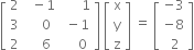 open square brackets table row 2 cell space space minus 1 end cell cell space space space space space space 1 end cell row 3 cell space space space space 0 end cell cell space minus 1 end cell row 2 cell space space space space 6 end cell cell space space space space 0 end cell end table close square brackets space open square brackets table row straight x row straight y row straight z end table close square brackets space equals space open square brackets table row cell negative 3 end cell row cell negative 8 end cell row cell space 2 end cell end table close square brackets