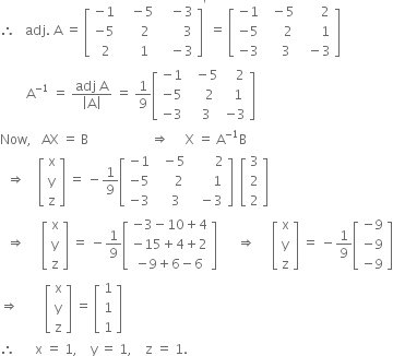 therefore space space space adj. space straight A space equals space open square brackets table row cell negative 1 end cell cell space space space minus 5 end cell cell space space space minus 3 end cell row cell negative 5 end cell cell space space space space space 2 end cell cell space space space space space space space 3 end cell row cell space 2 end cell cell space space space space 1 end cell cell space space space minus 3 end cell end table close square brackets to the power of apostrophe space equals space open square brackets table row cell negative 1 end cell cell space space minus 5 end cell cell space space space space space space 2 end cell row cell negative 5 end cell cell space space space space space 2 end cell cell space space space space space space 1 end cell row cell negative 3 end cell cell space space space space 3 end cell cell space space minus 3 end cell end table close square brackets
space space space space space space space space straight A to the power of negative 1 end exponent space equals space fraction numerator adj space straight A over denominator open vertical bar straight A close vertical bar end fraction space equals space 1 over 9 open square brackets table row cell negative 1 end cell cell space space minus 5 end cell cell space space space 2 end cell row cell negative 5 end cell cell space space space space 2 end cell cell space space 1 end cell row cell negative 3 end cell cell space space 3 end cell cell negative 3 end cell end table close square brackets
Now comma space space space AX space equals space straight B space space space space space space space space space space space space space space space space space space space rightwards double arrow space space space space space straight X space equals space straight A to the power of negative 1 end exponent straight B
space space rightwards double arrow space space space space open square brackets table row straight x row straight y row straight z end table close square brackets space equals space minus 1 over 9 open square brackets table row cell negative 1 end cell cell space space minus 5 end cell cell space space space space space space space 2 end cell row cell negative 5 end cell cell space space space space space 2 end cell cell space space space space space space 1 end cell row cell negative 3 end cell cell space space space 3 end cell cell space space minus 3 end cell end table close square brackets space space open square brackets table row 3 row 2 row 2 end table close square brackets
space space rightwards double arrow space space space space space open square brackets table row straight x row straight y row straight z end table close square brackets space equals space minus 1 over 9 open square brackets table row cell negative 3 minus 10 plus 4 end cell row cell negative 15 plus 4 plus 2 end cell row cell negative 9 plus 6 minus 6 end cell end table close square brackets space space space space space space rightwards double arrow space space space space space open square brackets table row straight x row straight y row straight z end table close square brackets space equals space minus 1 over 9 open square brackets table row cell negative 9 end cell row cell negative 9 end cell row cell negative 9 end cell end table close square brackets
rightwards double arrow space space space space space space space space open square brackets table row straight x row straight y row straight z end table close square brackets space equals space open square brackets table row 1 row 1 row 1 end table close square brackets
therefore space space space space space space straight x space equals space 1 comma space space space space straight y space equals space 1 comma space space space space straight z space equals space 1.