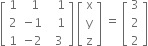 open square brackets table row 1 cell space space 1 end cell cell space space space 1 end cell row 2 cell negative 1 end cell cell space space space 1 end cell row 1 cell negative 2 end cell cell space space 3 end cell end table close square brackets space open square brackets table row straight x row straight y row straight z end table close square brackets space equals space open square brackets table row 3 row 2 row 2 end table close square brackets