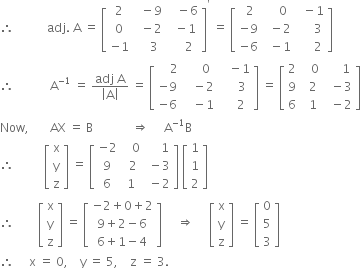 therefore space space space space space space space space space space space adj. space straight A space equals space open square brackets table row 2 cell space space minus 9 end cell cell space space space minus 6 end cell row 0 cell space space minus 2 end cell cell space space minus 1 end cell row cell negative 1 end cell cell space space space space 3 end cell cell space space space space 2 end cell end table close square brackets to the power of apostrophe space equals space open square brackets table row cell space 2 end cell cell space space space space 0 end cell cell space space minus 1 end cell row cell negative 9 end cell cell space space minus 2 end cell cell space space space space space 3 end cell row cell negative 6 end cell cell space space minus 1 end cell cell space space space space space 2 end cell end table close square brackets
therefore space space space space space space space space space space space space straight A to the power of negative 1 end exponent space equals space fraction numerator adj space straight A over denominator open vertical bar straight A close vertical bar end fraction space equals space open square brackets table row cell space space space space 2 end cell cell space space space space space 0 end cell cell space space space minus 1 end cell row cell negative 9 end cell cell space space space minus 2 end cell cell space space space space space 3 end cell row cell negative 6 end cell cell space space space minus 1 end cell cell space space space space 2 end cell end table close square brackets space equals space open square brackets table row 2 cell space space space 0 end cell cell space space space space space 1 end cell row 9 cell space space 2 end cell cell space space minus 3 end cell row 6 cell space space 1 end cell cell space space minus 2 end cell end table close square brackets
Now comma space space space space space space space AX space equals space straight B space space space space space space space space space space space space space rightwards double arrow space space space space space straight A to the power of negative 1 end exponent straight B
therefore space space space space space space space space space space open square brackets table row straight x row straight y row straight z end table close square brackets space equals space open square brackets table row cell negative 2 end cell cell space space space 0 end cell cell space space space space space 1 end cell row 9 cell space 2 end cell cell space minus 3 end cell row 6 1 cell space minus 2 end cell end table close square brackets space open square brackets table row 1 row 1 row 2 end table close square brackets
therefore space space space space space space space space open square brackets table row straight x row straight y row straight z end table close square brackets space equals space open square brackets table row cell negative 2 plus 0 plus 2 end cell row cell 9 plus 2 minus 6 end cell row cell 6 plus 1 minus 4 end cell end table close square brackets space space space space space rightwards double arrow space space space space space open square brackets table row straight x row straight y row straight z end table close square brackets space equals space open square brackets table row 0 row 5 row 3 end table close square brackets
therefore space space space space space straight x space equals space 0 comma space space space space straight y space equals space 5 comma space space space space straight z space equals space 3.
