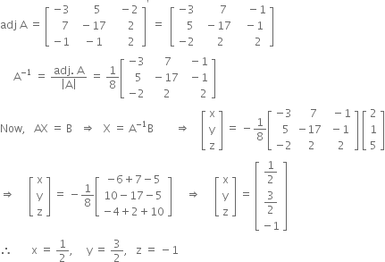 adj space straight A space equals space open square brackets table row cell negative 3 end cell cell space space space space space 5 end cell cell space space space minus 2 end cell row cell space space space 7 end cell cell space space minus 17 end cell cell space space space space space 2 end cell row cell negative 1 end cell cell space space minus 1 end cell cell space space space space space 2 end cell end table close square brackets to the power of apostrophe space equals space space open square brackets table row cell negative 3 end cell cell space space space space space space 7 end cell cell space space space space minus 1 end cell row cell space space space 5 end cell cell space space minus 17 end cell cell space space minus 1 end cell row cell negative 2 end cell cell space space space space 2 end cell cell space space space space space 2 end cell end table close square brackets
space space space space space straight A to the power of negative 1 end exponent space equals space fraction numerator adj. space straight A over denominator open vertical bar straight A close vertical bar end fraction space equals space 1 over 8 open square brackets table row cell negative 3 end cell cell space space space 7 end cell cell space space minus 1 end cell row cell space space 5 end cell cell space minus 17 end cell cell space space minus 1 end cell row cell negative 2 end cell cell space space 2 end cell cell space space space space space space 2 end cell end table close square brackets
Now comma space space space AX space equals space straight B space space space rightwards double arrow space space space straight X space equals space straight A to the power of negative 1 end exponent straight B space space space space space space space space rightwards double arrow space space space space open square brackets table row straight x row straight y row straight z end table close square brackets space equals space minus 1 over 8 open square brackets table row cell negative 3 end cell cell space space space 7 end cell cell space space minus 1 end cell row cell space space 5 end cell cell negative 17 end cell cell space minus 1 end cell row cell negative 2 end cell cell space space 2 end cell cell space space 2 end cell end table close square brackets space open square brackets table row 2 row 1 row 5 end table close square brackets
rightwards double arrow space space space space space open square brackets table row straight x row straight y row straight z end table close square brackets space equals space minus 1 over 8 open square brackets table row cell negative 6 plus 7 minus 5 end cell row cell 10 minus 17 minus 5 end cell row cell negative 4 plus 2 plus 10 end cell end table close square brackets space space space space space rightwards double arrow space space space space space open square brackets table row straight x row straight y row straight z end table close square brackets space equals space open square brackets table row cell 1 half end cell row cell 3 over 2 end cell row cell negative 1 end cell end table close square brackets
therefore space space space space space space space straight x space equals space 1 half comma space space space space space straight y space equals space 3 over 2 comma space space space straight z space equals space minus 1