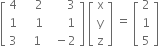 open square brackets table row 4 cell space space space space 2 end cell cell space space space space space space 3 end cell row 1 cell space space space space 1 end cell cell space space space space space space 1 end cell row 3 cell space space space 1 end cell cell space space minus 2 end cell end table close square brackets space open square brackets table row straight x row straight y row straight z end table close square brackets space equals space open square brackets table row 2 row 1 row 5 end table close square brackets