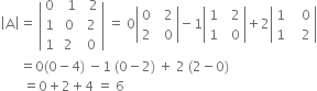 open vertical bar straight A close vertical bar equals space open vertical bar table row 0 cell space space 1 end cell cell space space 2 end cell row 1 cell space 0 end cell cell space 2 end cell row 1 2 cell space 0 end cell end table close vertical bar space equals space 0 open vertical bar table row 0 cell space space 2 end cell row 2 cell space space 0 end cell end table close vertical bar minus 1 open vertical bar table row 1 cell space space 2 end cell row 1 cell space space 0 end cell end table close vertical bar plus 2 open vertical bar table row 1 cell space space space 0 end cell row 1 cell space space space 2 end cell end table close vertical bar
space space space space space space equals 0 left parenthesis 0 minus 4 right parenthesis space minus 1 space left parenthesis 0 minus 2 right parenthesis space plus space 2 space left parenthesis 2 minus 0 right parenthesis
space space space space space space space equals 0 plus 2 plus 4 space equals space 6
