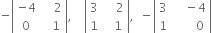 negative open vertical bar table row cell negative 4 end cell cell space space space space 2 end cell row 0 cell space space space 1 end cell end table close vertical bar comma space space space space open vertical bar table row 3 cell space space space space 2 end cell row 1 cell space space space 1 end cell end table close vertical bar comma space space minus open vertical bar table row 3 cell space space space space minus 4 end cell row 1 cell space space space space space space space 0 end cell end table close vertical bar
