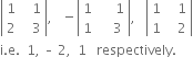 open vertical bar table row 1 cell space space space 1 end cell row 2 cell space space space 3 end cell end table close vertical bar comma space space space minus open vertical bar table row 1 cell space space space space space 1 end cell row 1 cell space space space space 3 end cell end table close vertical bar comma space space space open vertical bar table row 1 cell space space space 1 end cell row 1 cell space space space 2 end cell end table close vertical bar
straight i. straight e. space space 1 comma space – space 2 comma space space 1 space space space respectively.