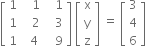 open square brackets table row 1 cell space space space 1 end cell cell space space space 1 end cell row 1 cell space space space 2 end cell cell space space space 3 end cell row 1 cell space space 4 end cell cell space space space 9 end cell end table close square brackets space open square brackets table row straight x row straight y row straight z end table close square brackets space equals space open square brackets table row 3 row 4 row 6 end table close square brackets