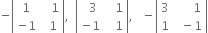 negative open vertical bar table row 1 cell space space space 1 end cell row cell negative 1 end cell cell space space 1 end cell end table close vertical bar comma space space open vertical bar table row cell space space 3 end cell cell space space space 1 end cell row cell negative 1 end cell cell space space space 1 end cell end table close vertical bar comma space space space minus open vertical bar table row 3 cell space space space space space space 1 end cell row 1 cell space space minus 1 end cell end table close vertical bar