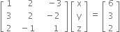 open square brackets table row 1 cell space space space space space 2 end cell cell space space space space minus 3 end cell row 3 cell space space space space space 2 end cell cell space space minus 2 end cell row 2 cell space space minus 1 end cell cell space space space space space 1 end cell end table close square brackets space open square brackets table row straight x row straight y row straight z end table close square brackets space equals space open square brackets table row 6 row 3 row 2 end table close square brackets