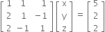 open square brackets table row 1 cell space space 1 space space end cell cell space space space 1 end cell row 2 cell space 1 end cell cell negative 1 end cell row 2 cell negative 1 end cell cell space space 1 end cell end table close square brackets space open square brackets table row straight x row straight y row straight z end table close square brackets space equals space open square brackets table row 5 row 2 row 2 end table close square brackets