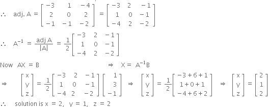 therefore space space space space adj. space straight A space equals space open square brackets table row cell negative 3 end cell cell space space space space space space 1 end cell cell space space space minus 4 end cell row cell space space 2 end cell cell space space space space space 0 end cell cell space space space space space 2 end cell row cell negative 1 end cell cell space space minus 1 end cell cell space space minus 2 end cell end table close square brackets to the power of apostrophe space equals space open square brackets table row cell negative 3 end cell cell space space 2 end cell cell space space space minus 1 end cell row cell space space 1 end cell cell space space space 0 end cell cell space minus 1 end cell row cell negative 4 end cell cell space space space 2 end cell cell space minus 2 end cell end table close square brackets
therefore space space space space straight A to the power of negative 1 end exponent space equals space fraction numerator adj space straight A over denominator open vertical bar straight A close vertical bar end fraction space equals space 1 half open square brackets table row cell negative 3 end cell cell space space space 2 end cell cell space space minus 1 end cell row cell space space 1 end cell cell space space space 0 end cell cell space space minus 1 end cell row cell negative 4 end cell cell space space space 2 end cell cell space space minus 2 end cell end table close square brackets
Now space space space AX space equals space straight B space space space space space space space space space space space space space space space space space space space space space space space space space space space space space space space space space space space space space space space space space space space space rightwards double arrow space space space space straight X equals space space straight A to the power of negative 1 end exponent straight B
rightwards double arrow space space space space space space space space open square brackets table row straight x row straight y row straight z end table close square brackets space equals space 1 half open square brackets table row cell negative 3 end cell cell space space space 2 end cell cell space space minus 1 end cell row 1 cell space 0 end cell cell space space minus 1 end cell row cell negative 4 end cell 2 cell space minus 2 end cell end table close square brackets space space open square brackets table row cell space space space space 1 end cell row cell space space space space 3 end cell row cell negative 1 end cell end table close square brackets space space space rightwards double arrow space space space space open square brackets table row straight x row straight y row straight z end table close square brackets space equals space 1 half open square brackets table row cell negative 3 plus 6 plus 1 end cell row cell 1 plus 0 plus 1 end cell row cell negative 4 plus 6 plus 2 end cell end table close square brackets space space space space rightwards double arrow space space space open square brackets table row straight x row straight y row straight z end table close square brackets space equals space open square brackets table row 2 row 1 row 2 end table close square brackets
therefore space space space space space solution space is space straight x space equals space 2 comma space space space straight y space equals space 1 comma space space space straight z space equals space 2