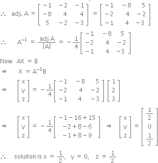 therefore space space space adj. space straight A space equals space open square brackets table row cell negative 1 end cell cell space space minus 2 end cell cell space space minus 1 end cell row cell negative 8 end cell cell space space space space space 4 end cell cell space space space space space space 4 end cell row cell space 5 end cell cell space space minus 2 end cell cell space space minus 3 end cell end table close square brackets to the power of apostrophe space equals space open square brackets table row cell negative 1 end cell cell space space space minus 8 end cell cell space space space space space 5 end cell row cell negative 2 end cell cell space space space space space 4 end cell cell space minus 2 end cell row cell negative 1 end cell cell space space space space 4 end cell cell negative 3 end cell end table close square brackets
therefore space space space space space space space straight A to the power of negative 1 end exponent space equals space fraction numerator adj space straight A over denominator open vertical bar straight A close vertical bar end fraction space equals space minus 1 fourth open square brackets table row cell negative 1 end cell cell space space space minus 8 end cell cell space space space 5 end cell row cell negative 2 end cell cell space space space space 4 end cell cell space minus 2 end cell row cell negative 1 end cell cell space space space space 4 end cell cell negative 3 end cell end table close square brackets
Now space space space AX space equals space straight B
rightwards double arrow space space space space space space space straight X space equals space straight A to the power of negative 1 end exponent straight B
rightwards double arrow space space space space space space open square brackets table row straight x row straight y row straight z end table close square brackets space equals space minus 1 fourth open square brackets table row cell negative 1 end cell cell space space space minus 8 end cell cell space space space space space 5 end cell row cell negative 2 end cell cell space space space space 4 end cell cell space minus 2 end cell row cell negative 1 end cell cell space space space 4 end cell cell space minus 3 end cell end table close square brackets space space open square brackets table row 1 row 2 row 3 end table close square brackets
rightwards double arrow space space space space space space open square brackets table row straight x row straight y row straight z end table close square brackets space equals space minus 1 fourth open square brackets table row cell negative 1 minus 16 plus 15 end cell row cell negative 2 plus 8 minus 6 end cell row cell negative 1 plus 8 minus 9 end cell end table close square brackets space space space rightwards double arrow space space space space open square brackets table row straight x row straight y row straight z end table close square brackets space equals space open square brackets table row cell 1 half end cell row 0 row cell 1 half end cell end table close square brackets
therefore space space space space space soluiton space is space straight x space equals space 1 half comma space space space straight y space equals space 0 comma space space space space straight z space equals space 1 half