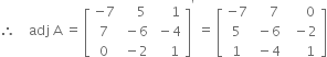 therefore space space space space adj space straight A space equals space open square brackets table row cell negative 7 end cell cell space space space space 5 end cell cell space space space space space 1 end cell row 7 cell space minus 6 end cell cell space minus 4 end cell row 0 cell space minus 2 end cell cell space space space space 1 end cell end table close square brackets to the power of apostrophe space equals space open square brackets table row cell negative 7 end cell cell space space space space 7 end cell cell space space space space space 0 end cell row 5 cell space minus 6 end cell cell space space minus 2 end cell row 1 cell space minus 4 end cell cell space space space space space 1 end cell end table close square brackets