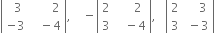 open vertical bar table row cell space space 3 end cell cell space space space space space space space 2 end cell row cell negative 3 end cell cell space space space minus 4 end cell end table close vertical bar comma space space space space minus open vertical bar table row 2 cell space space space space space 2 end cell row 3 cell space space space minus 4 end cell end table close vertical bar comma space space space open vertical bar table row 2 cell space space space space 3 end cell row 3 cell space minus 3 end cell end table close vertical bar