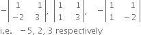 negative open vertical bar table row 1 cell space space space space 1 end cell row cell negative 2 end cell cell space space 3 end cell end table close vertical bar comma space space open vertical bar table row 1 cell space space space space 1 end cell row 1 cell space space space space 3 end cell end table close vertical bar comma space space space space minus open vertical bar table row 1 cell space space space space space 1 end cell row 1 cell space space minus 2 end cell end table close vertical bar
straight i. straight e. space space space minus 5 comma space 2 comma space 3 space respectively