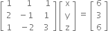 open square brackets table row 1 cell space space space space 1 end cell cell space space space 1 end cell row 2 cell space minus 1 end cell cell space space 1 end cell row 1 cell space space minus 2 end cell cell space space 3 end cell end table close square brackets space open square brackets table row straight x row straight y row straight z end table close square brackets space equals space open square brackets table row 6 row 3 row 6 end table close square brackets