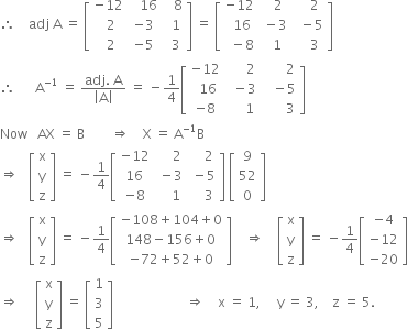 therefore space space space space adj space straight A space equals space open square brackets table row cell negative 12 end cell cell space space space 16 end cell cell space space space 8 end cell row cell space space 2 end cell cell negative 3 end cell cell space space 1 end cell row cell space space 2 end cell cell negative 5 end cell cell space space 3 end cell end table close square brackets space equals space open square brackets table row cell negative 12 end cell cell space space space 2 end cell cell space space space space 2 end cell row cell space space 16 end cell cell space minus 3 end cell cell space space minus 5 end cell row cell space space minus 8 end cell cell space space 1 end cell cell space space space space 3 end cell end table close square brackets
therefore space space space space space space straight A to the power of negative 1 end exponent space equals space fraction numerator adj. space straight A over denominator open vertical bar straight A close vertical bar end fraction space equals space minus 1 fourth open square brackets table row cell negative 12 end cell cell space space space space space space 2 end cell cell space space space space space space space 2 end cell row cell space space 16 end cell cell space space minus 3 end cell cell space space space minus 5 end cell row cell negative 8 end cell cell space space space space space 1 end cell cell space space space space space space space 3 end cell end table close square brackets
Now space space space AX space equals space straight B space space space space space space space space rightwards double arrow space space space space straight X space equals space straight A to the power of negative 1 end exponent straight B
rightwards double arrow space space space open square brackets table row straight x row straight y row straight z end table close square brackets space equals space minus 1 fourth open square brackets table row cell negative 12 end cell cell space space space space space 2 end cell cell space space space space 2 end cell row 16 cell space minus 3 end cell cell space minus 5 end cell row cell negative 8 end cell cell space space space space 1 end cell cell space space space space 3 end cell end table close square brackets space open square brackets table row 9 row 52 row 0 end table close square brackets
rightwards double arrow space space space open square brackets table row straight x row straight y row straight z end table close square brackets space equals space minus 1 fourth open square brackets table row cell negative 108 plus 104 plus 0 end cell row cell 148 minus 156 plus 0 end cell row cell negative 72 plus 52 plus 0 end cell end table close square brackets space space space space rightwards double arrow space space space space open square brackets table row straight x row straight y row straight z end table close square brackets space equals space minus 1 fourth open square brackets table row cell negative 4 end cell row cell negative 12 end cell row cell negative 20 end cell end table close square brackets
rightwards double arrow space space space space space open square brackets table row straight x row straight y row straight z end table close square brackets space equals space open square brackets table row 1 row 3 row 5 end table close square brackets space space space space space space space space space space space space space space space space space space space space space space rightwards double arrow space space space space straight x space equals space 1 comma space space space space space straight y space equals space 3 comma space space space space straight z space equals space 5.