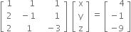 open square brackets table row 1 cell space space space space space space 1 end cell cell space space space space space space 1 end cell row 2 cell space space minus 1 end cell cell space space space space space space 1 end cell row 2 cell space space space 1 end cell cell space space space minus 3 end cell end table close square brackets space space open square brackets table row straight x row straight y row straight z end table close square brackets space equals space open square brackets table row cell space space space space 4 end cell row cell negative 1 end cell row cell negative 9 end cell end table close square brackets