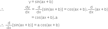 space space space space space space space space space space space space space space space space space space space space space space space space space space space space space space space straight y equals sin left parenthesis ax plus straight b right parenthesis
therefore space space space space space space space space space space space space space space space space space space space space space dy over dx equals straight d over dx left square bracket sin left parenthesis ax plus straight b right parenthesis right square bracket equals cos left parenthesis ax plus straight b right parenthesis. straight d over dx left parenthesis ax plus straight b right parenthesis
space space space space space space space space space space space space space space space space space space space space space space space space space space space space space space space space space equals cos left parenthesis ax plus straight b right parenthesis. straight a
therefore space straight d over dx left square bracket sin left parenthesis ax plus straight b right parenthesis right square bracket equals straight a space cos left parenthesis ax plus straight b right parenthesis