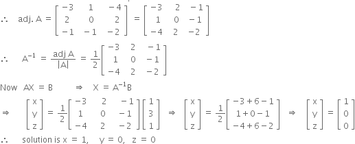 therefore space space space space adj. space straight A space equals space open square brackets table row cell negative 3 end cell cell space space space 1 end cell cell space space space minus 4 end cell row 2 cell space space space space 0 end cell cell space space space space space space 2 end cell row cell negative 1 end cell cell space space minus 1 end cell cell space space minus 2 end cell end table close square brackets to the power of apostrophe space equals space open square brackets table row cell negative 3 end cell cell space space space space 2 end cell cell space space minus 1 end cell row cell space space 1 end cell cell space space space 0 end cell cell space minus 1 end cell row cell negative 4 end cell cell space space 2 end cell cell negative 2 end cell end table close square brackets
therefore space space space space space space straight A to the power of negative 1 end exponent space equals space fraction numerator adj space straight A over denominator open vertical bar straight A close vertical bar end fraction space equals space 1 half open square brackets table row cell negative 3 end cell cell space space space 2 end cell cell space space space minus 1 end cell row cell space space 1 end cell cell space space space 0 end cell cell space space minus 1 end cell row cell negative 4 end cell cell space space space 2 end cell cell space space minus 2 end cell end table close square brackets
Now space space space AX space equals space straight B space space space space space space space space space space rightwards double arrow space space space space straight X space equals space straight A to the power of negative 1 end exponent straight B
rightwards double arrow space space space space space space space open square brackets table row straight x row straight y row straight z end table close square brackets space equals space 1 half open square brackets table row cell negative 3 end cell cell space space space space space 2 end cell cell space space space space minus 1 end cell row 1 cell space space space space 0 end cell cell space space minus 1 end cell row cell negative 4 end cell cell space space space space 2 end cell cell space space minus 2 end cell end table close square brackets space open square brackets table row 1 row 3 row 1 end table close square brackets space space space rightwards double arrow space space space open square brackets table row straight x row straight y row straight z end table close square brackets space equals space 1 half open square brackets table row cell negative 3 plus 6 minus 1 end cell row cell 1 plus 0 minus 1 end cell row cell negative 4 plus 6 minus 2 end cell end table close square brackets space space space rightwards double arrow space space space space open square brackets table row straight x row straight y row straight z end table close square brackets space equals space open square brackets table row 1 row 0 row 0 end table close square brackets
therefore space space space space space space solution space is space straight x space equals space 1 comma space space space space space straight y space equals space 0 comma space space space straight z space equals space 0