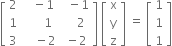 open square brackets table row 2 cell space space space minus 1 end cell cell space space minus 1 end cell row 1 cell space space space space space space 1 end cell cell space space space space 2 end cell row 3 cell space space space space minus 2 end cell cell space minus 2 end cell end table close square brackets space open square brackets table row straight x row straight y row straight z end table close square brackets space equals space open square brackets table row 1 row 1 row 1 end table close square brackets