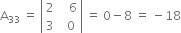 straight A subscript 33 space equals space open vertical bar table row 2 cell space space space 6 end cell row 3 cell space space 0 end cell end table close vertical bar space equals space 0 minus 8 space equals space minus 18