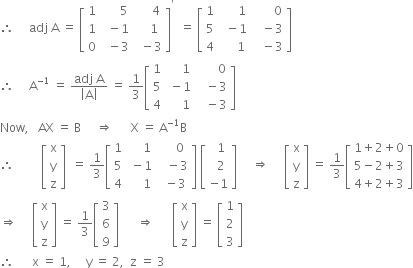 therefore space space space space space adj space straight A space equals space open square brackets table row 1 cell space space space space space space 5 end cell cell space space space space space 4 end cell row 1 cell space space minus 1 end cell cell space space space space 1 end cell row 0 cell space space minus 3 end cell cell space space minus 3 end cell end table close square brackets to the power of apostrophe space space equals space open square brackets table row 1 cell space space space space space space 1 end cell cell space space space space space space space 0 end cell row 5 cell space space minus 1 end cell cell space space space minus 3 end cell row 4 cell space space space space space 1 end cell cell space space space minus 3 end cell end table close square brackets
therefore space space space space space straight A to the power of negative 1 end exponent space equals space fraction numerator adj space straight A over denominator open vertical bar straight A close vertical bar end fraction space equals space 1 third open square brackets table row 1 cell space space space space space 1 end cell cell space space space space space space space 0 end cell row 5 cell space minus 1 end cell cell space space space minus 3 end cell row 4 cell space space space space space 1 end cell cell space space space minus 3 end cell end table close square brackets
Now comma space space space AX space equals space straight B space space space space space rightwards double arrow space space space space space space straight X space equals space straight A to the power of negative 1 end exponent straight B
therefore space space space space space space space space space open square brackets table row straight x row straight y row straight z end table close square brackets space space equals space 1 third open square brackets table row 1 cell space space space space space 1 end cell cell space space space space space 0 end cell row 5 cell space minus 1 end cell cell space space space minus 3 end cell row 4 cell space space space space space 1 end cell cell space space minus 3 end cell end table close square brackets space open square brackets table row cell space space 1 end cell row cell space space 2 end cell row cell negative 1 end cell end table close square brackets space space space space space rightwards double arrow space space space space space open square brackets table row straight x row straight y row straight z end table close square brackets space equals space 1 third open square brackets table row cell 1 plus 2 plus 0 end cell row cell 5 minus 2 plus 3 end cell row cell 4 plus 2 plus 3 end cell end table close square brackets
rightwards double arrow space space space space space open square brackets table row straight x row straight y row straight z end table close square brackets space equals space 1 third open square brackets table row 3 row 6 row 9 end table close square brackets space space space space space space rightwards double arrow space space space space space space open square brackets table row straight x row straight y row straight z end table close square brackets space equals space open square brackets table row 1 row 2 row 3 end table close square brackets
therefore space space space space space space straight x space equals space 1 comma space space space space space straight y space equals space 2 comma space space straight z space equals space 3