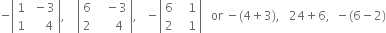 negative open vertical bar table row 1 cell space minus 3 end cell row 1 cell space space space space 4 end cell end table close vertical bar comma space space space space open vertical bar table row 6 cell space space space minus 3 end cell row 2 cell space space space space space 4 end cell end table close vertical bar comma space space space minus open vertical bar table row 6 cell space space space 1 end cell row 2 cell space space space 1 end cell end table close vertical bar space space space or space minus left parenthesis 4 plus 3 right parenthesis comma space space space 24 plus 6 comma space space minus left parenthesis 6 minus 2 right parenthesis