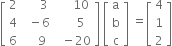 open square brackets table row 2 cell space space space space space 3 end cell cell space space space space space 10 end cell row 4 cell space space minus 6 end cell cell space space space space space 5 end cell row 6 cell space space space space 9 end cell cell space space minus 20 end cell end table close square brackets space open square brackets table row straight a row straight b row straight c end table close square brackets space equals open square brackets table row 4 row 1 row 2 end table close square brackets