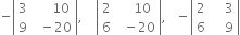 negative open vertical bar table row 3 cell space space space space space 10 end cell row 9 cell space space minus 20 end cell end table close vertical bar comma space space space space open vertical bar table row 2 cell space space space space 10 end cell row 6 cell space space minus 20 end cell end table close vertical bar comma space space space minus open vertical bar table row 2 cell space space space space 3 end cell row 6 cell space space space space 9 end cell end table close vertical bar
