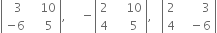 open vertical bar table row cell space space 3 end cell cell space space space 10 end cell row cell negative 6 end cell cell space space space space 5 end cell end table close vertical bar comma space space space space space minus open vertical bar table row 2 cell space space space space 10 end cell row 4 cell space space space space 5 end cell end table close vertical bar comma space space space open vertical bar table row 2 cell space space space space space space space 3 end cell row 4 cell space space space minus 6 end cell end table close vertical bar