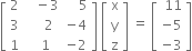 open square brackets table row 2 cell space space space minus 3 end cell cell space space space space 5 end cell row 3 cell space space space space 2 end cell cell negative 4 end cell row 1 cell space space 1 end cell cell negative 2 end cell end table close square brackets space open square brackets table row straight x row straight y row straight z end table close square brackets space equals space open square brackets table row cell space 11 end cell row cell negative 5 end cell row cell negative 3 end cell end table close square brackets