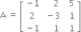 straight A space equals space open square brackets table row cell negative 1 end cell cell space space space space 2 end cell cell space space 5 end cell row 2 cell space minus 3 end cell cell space space 1 end cell row cell negative 1 end cell cell space space space space 1 end cell cell space space 1 end cell end table close square brackets