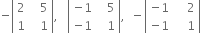 negative open vertical bar table row 2 cell space space space 5 end cell row 1 cell space space space 1 end cell end table close vertical bar comma space space space open vertical bar table row cell negative 1 end cell cell space space space 5 end cell row cell negative 1 end cell cell space space space 1 end cell end table close vertical bar comma space space minus open vertical bar table row cell negative 1 end cell cell space space space space 2 end cell row cell negative 1 end cell cell space space space space 1 end cell end table close vertical bar