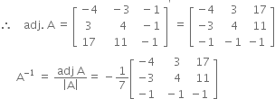 therefore space space space space adj. space straight A space equals space open square brackets table row cell negative 4 end cell cell space space space minus 3 end cell cell space space minus 1 end cell row 3 cell space space space space space 4 end cell cell space space minus 1 end cell row 17 cell space space space 11 end cell cell space minus 1 end cell end table close square brackets to the power of apostrophe space equals space open square brackets table row cell negative 4 end cell cell space space space 3 end cell cell space space 17 end cell row cell negative 3 end cell cell space space space 4 end cell cell space space 11 end cell row cell negative 1 end cell cell space minus 1 end cell cell negative 1 end cell end table close square brackets
space space space space space space straight A to the power of negative 1 end exponent space equals space fraction numerator adj space straight A over denominator open vertical bar straight A close vertical bar end fraction equals space minus 1 over 7 open square brackets table row cell negative 4 end cell cell space space space space 3 end cell cell space space 17 end cell row cell negative 3 end cell cell space space space space 4 end cell cell space space 11 end cell row cell negative 1 end cell cell space space minus 1 end cell cell negative 1 end cell end table close square brackets
