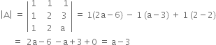 open vertical bar straight A close vertical bar space equals space open vertical bar table row 1 cell space space space 1 end cell cell space space space 1 end cell row 1 cell space space space 2 end cell cell space space 3 end cell row 1 cell space space space 2 end cell cell space straight a space end cell end table close vertical bar space equals space 1 left parenthesis 2 straight a minus 6 right parenthesis space minus space 1 space left parenthesis straight a minus 3 right parenthesis space plus space 1 space left parenthesis 2 minus 2 right parenthesis
space space space space space space equals space space 2 straight a minus 6 space minus straight a plus 3 plus 0 space equals space straight a minus 3